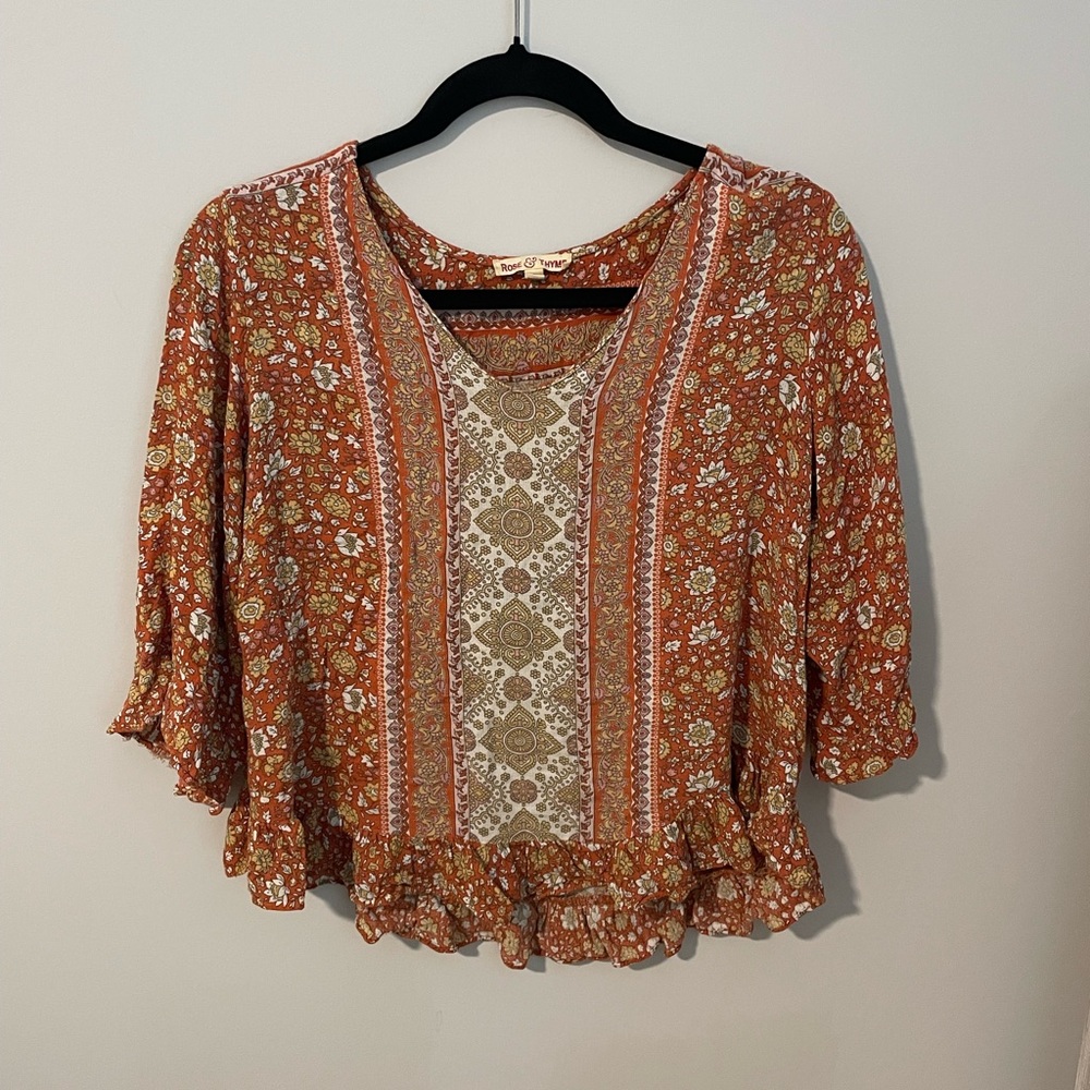 Rust Floral Boho Peasant Blouse with Ruffle Hem